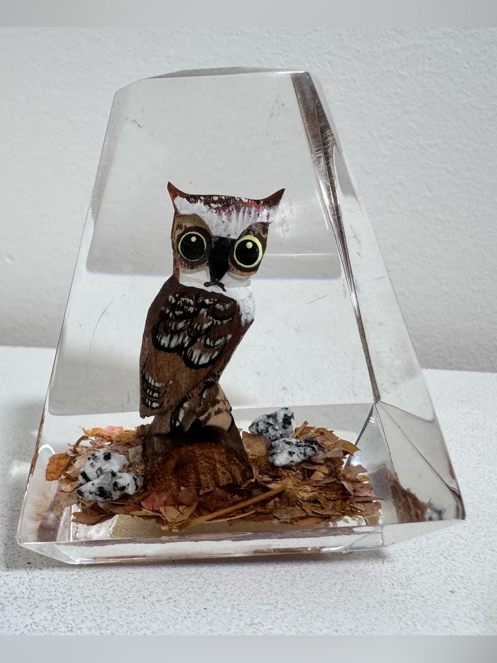 Vintage Unique Canada Lucite Owl Paperweight Hand Carved Wood Pyramid 1970s